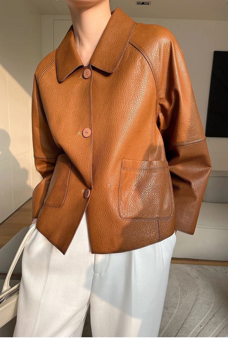 High-end Simple Natural Sheepskin Coats for Women 2025 New Trend Casual Single-breasted Lychee Texture Genuine Leather Jacket