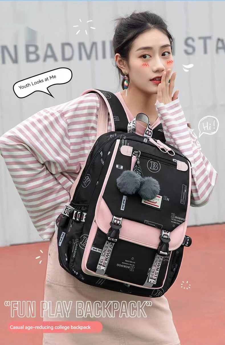 Large School Bags for Teenage Girls Canvas Schoolbag Student Book Bag Fashion Black Pink Teen School Backpack