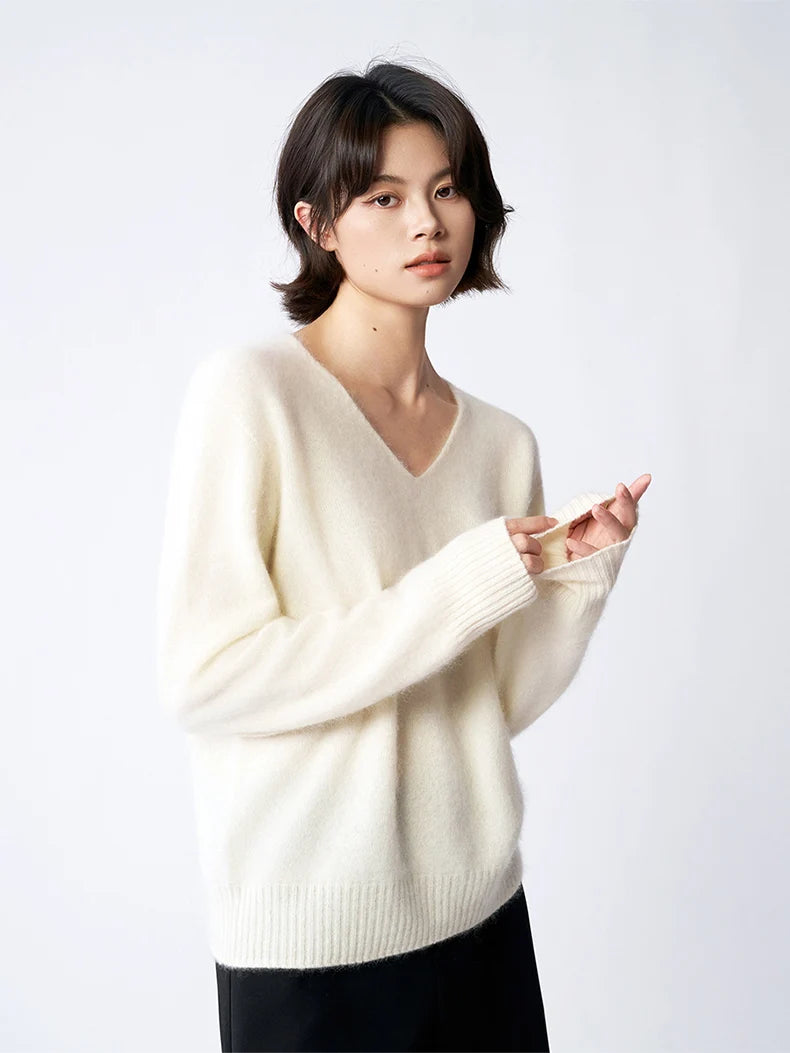 SuyaDream, Women Fleece Pullovers, V Neck, 3.8%Cashmere 96.2%Wool, Chic Warm Sweaters, 2025 Fall Winter Solid Top, Camel, Olive
