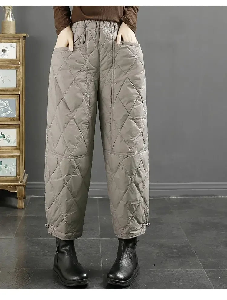 Vintage Quilted Pants Women Winter Warm Trouser Cotton-padded Pants Casual Design Pockets Elastic Waist Korean Chic Black Pants