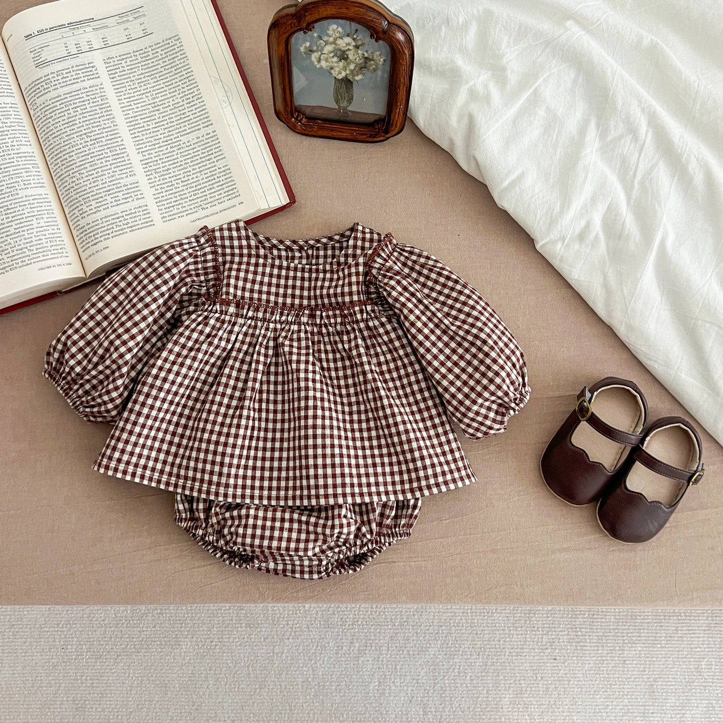 Baby Cotton Clothing Sets 0-2Yrs Autumn New Baby Girl Clothes Set Plaid Tee And Bloomer 2pcs Toddler Kids Vest + Shorts Suit