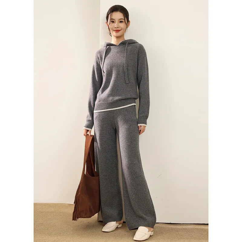 Autumn And Winter New 100 Pure Wool Suit Women Hooded Sweater Wide-Leg Pants Casual Knitting Two-Piece Suit