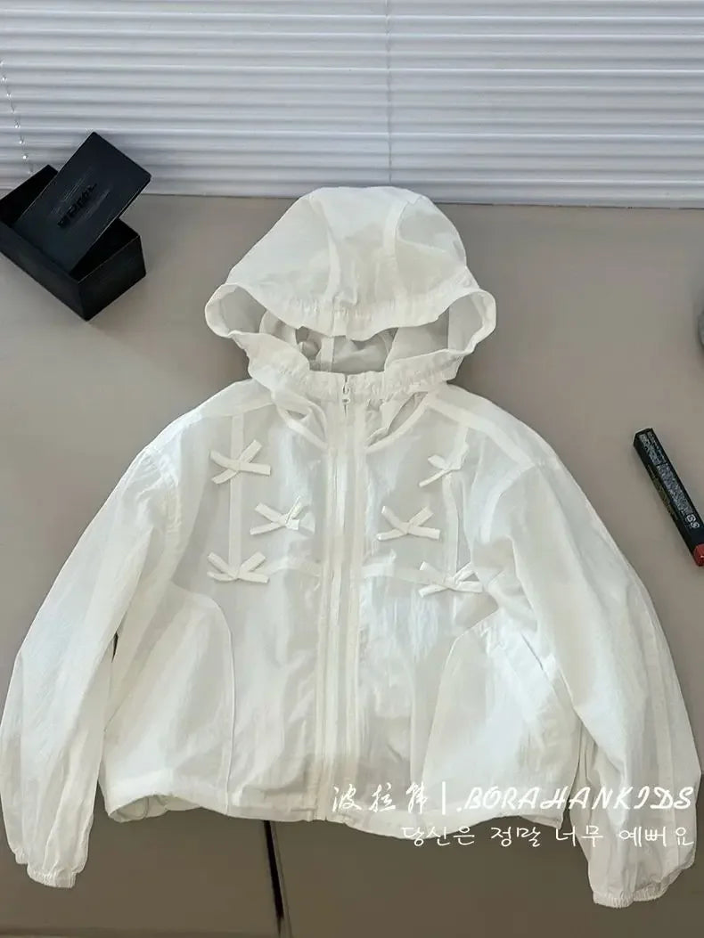 New Thin Bow Jacket for Junior Girls Spring Summer 2025 Children's Loose Sunscreen Clothing Teen Girl Outerwear Hooded White Top