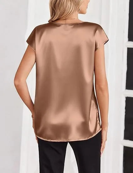 Women's Summer New T-shirt Casual V-Neck Short Sleeve Blouse Business Casual Tops Satins Silk Summer Shirt Work Solid Color Tops