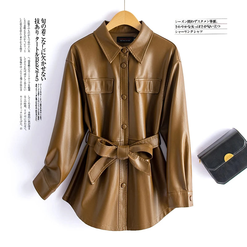 Sheepskin Leather Jacket Women Fashion Irregular Turn-down Collar Lace-up Belt Chic Office Ladies Real Split Leather Jacket Coat