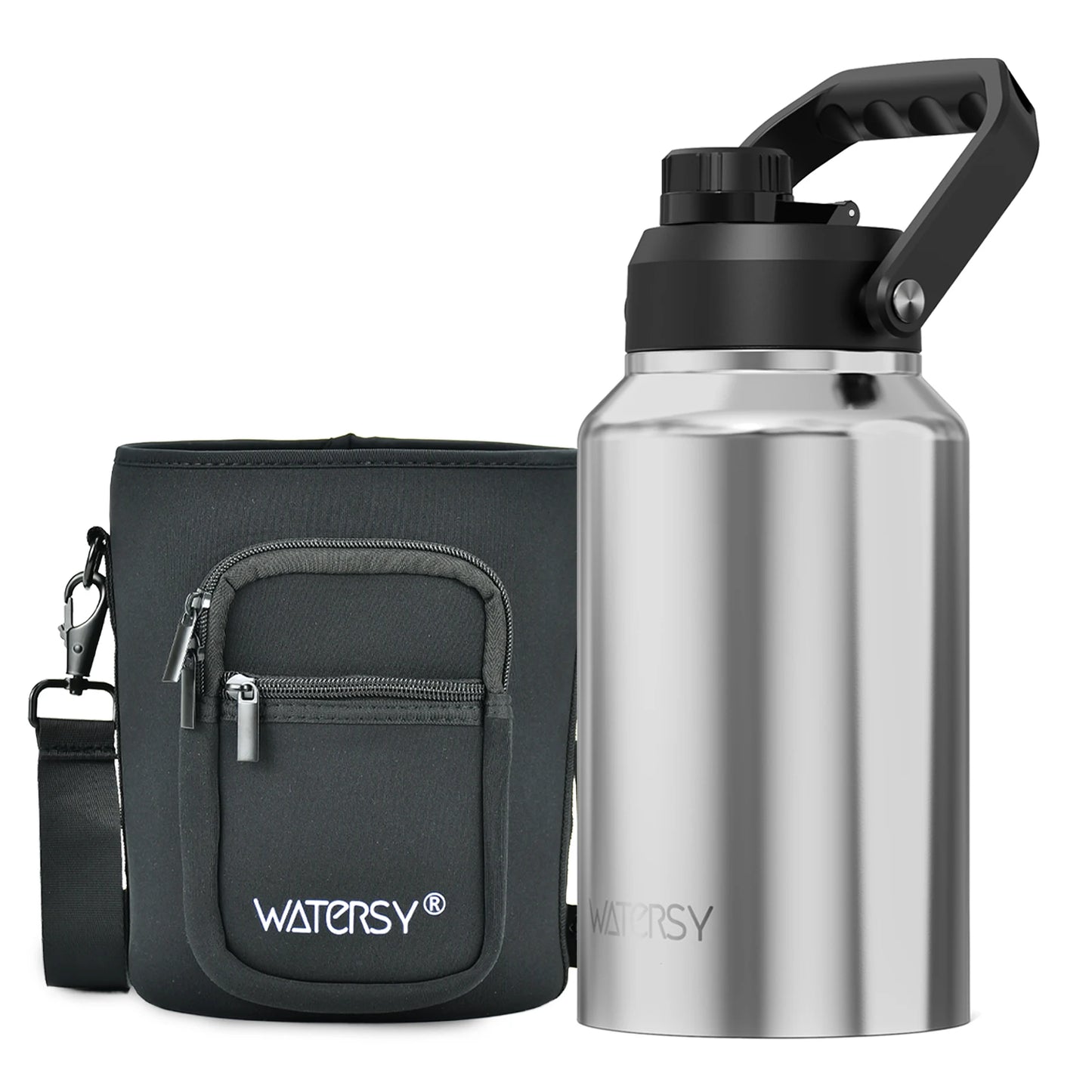 WATERSY 64/87/128oz Insulated Water Bottle Keep Cold for 48H 2L Large Stainless Steel Thermos with Handle for Gym Hiking Camping
