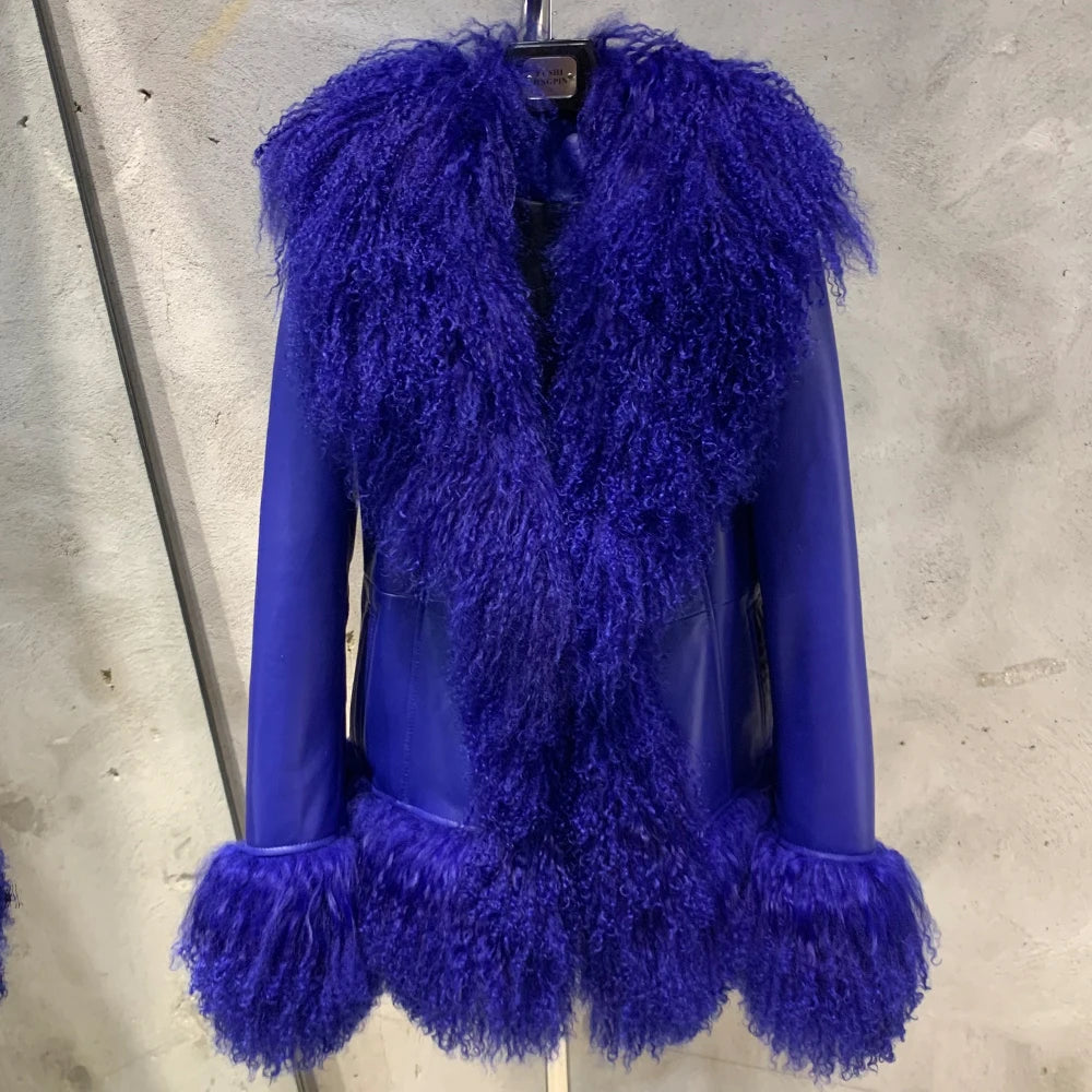 Sheep Collar Coats Women Winter Luxury Mongolian Fur Leather Jackets with Long Sleeve 7251