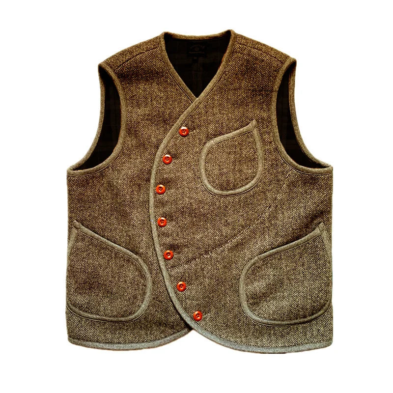 Men's Suit Vest Herringbone Wool Crew Neck Sleeveless Jacket Male Steampunk Waistcoat Vintage