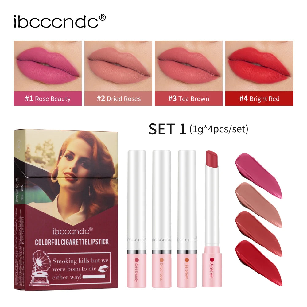 4PCS/Set Matte Long Lasting Waterproof Creative Cigarette Lipstick Set Matt Lip Stick Tube Nude Red Velvet Lip Tint Makeup