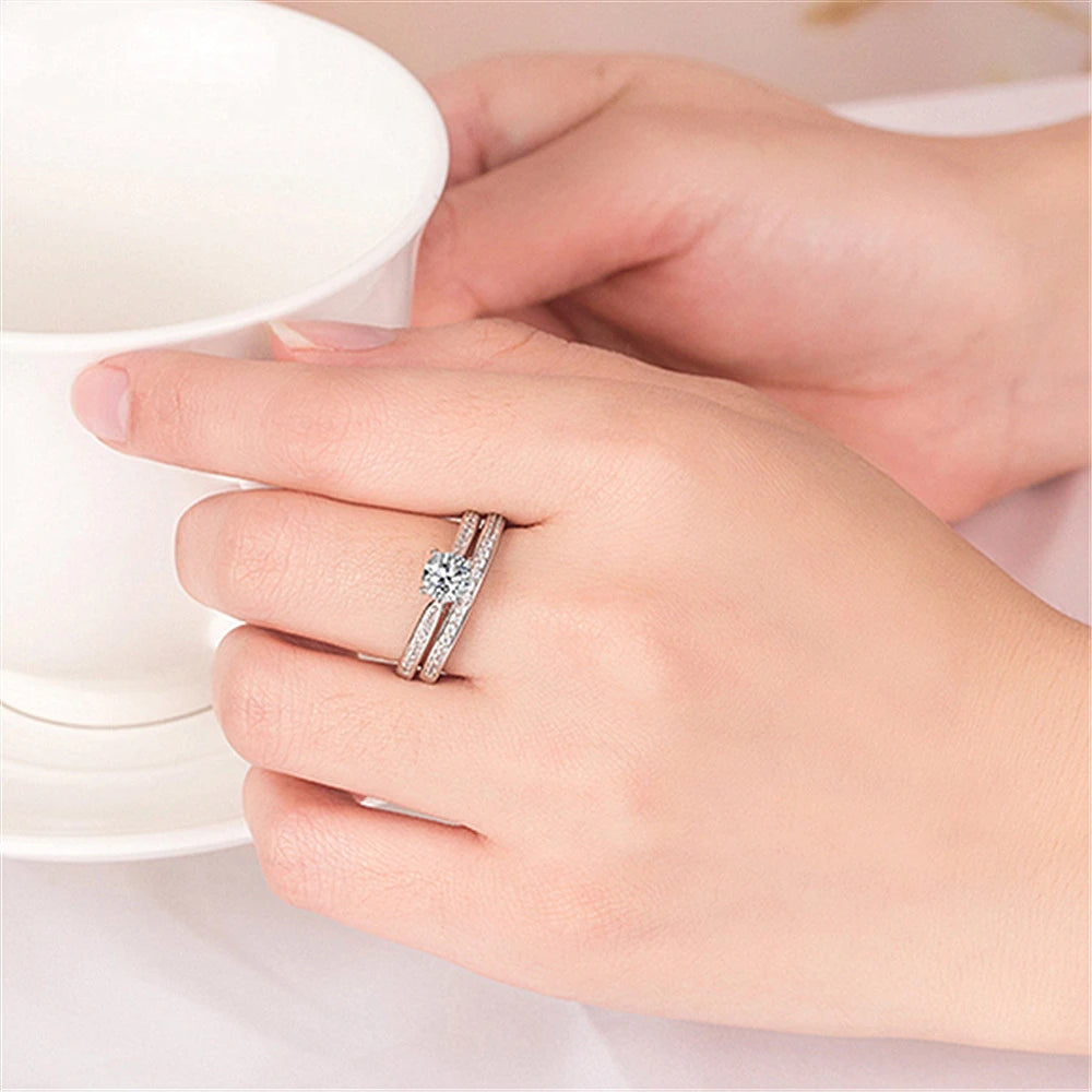 925 Sterling Silver Ring Inlaid With Crystal Zircon Fashionable Couple Double Layer Ring, Wedding Party Gift Jewelry