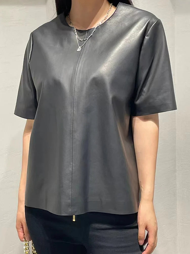Genuine Leather Tops for Women 2025 Spring/Summer Short Straight Sleeve Round Neck Pullover Shirts & Blouses Thin Suede Blusas