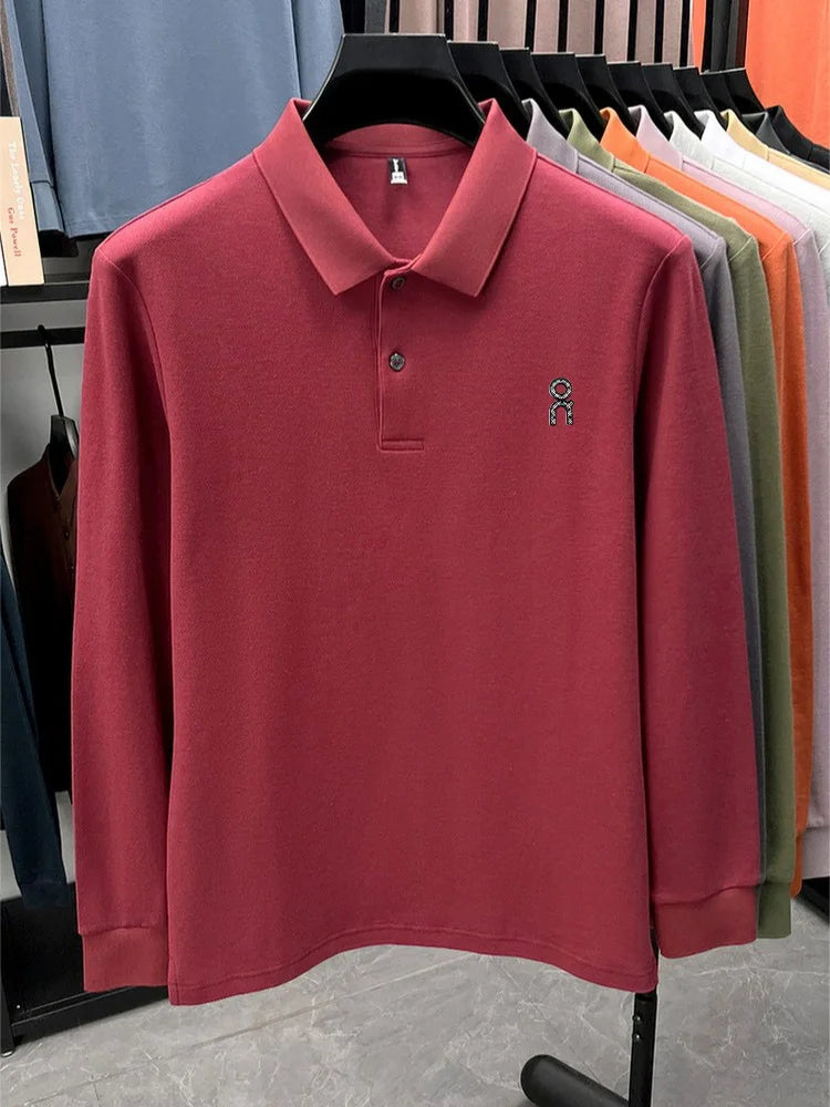 100% pure cotton polo shirt long sleeved men's brand fashionable embossed T-shirt sports breathable spring autumn casual new top