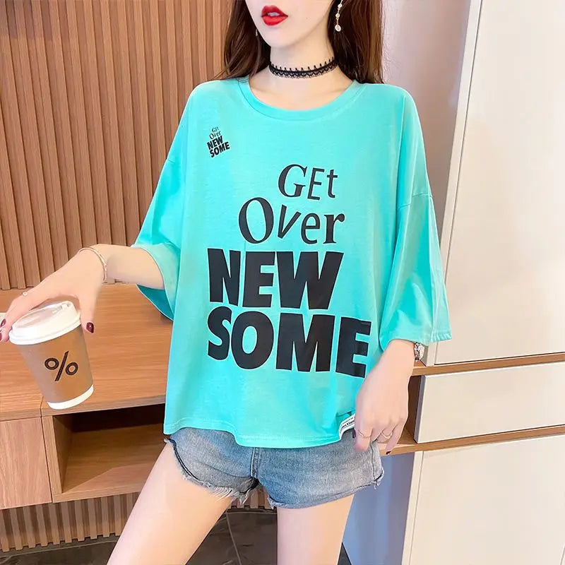 Women's T-shirt Summer Outfit Graphic Short Sleeve Cotton Top Female Baggy Trending Clothing Korean Popular Clothes Cheap Woman