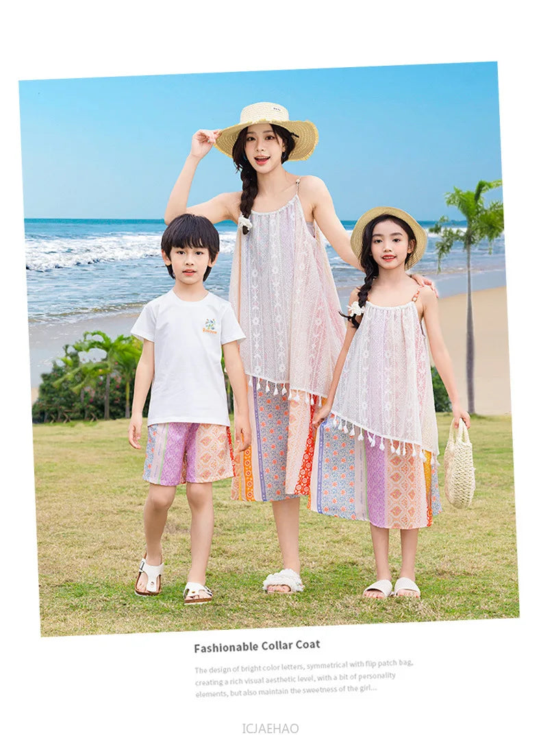 Dress 2025 Woman Vacation Couple Parent-child Beach Family Resorts Look Matching Holiday Outfit Mom Daughter Clothes Dad Son Set
