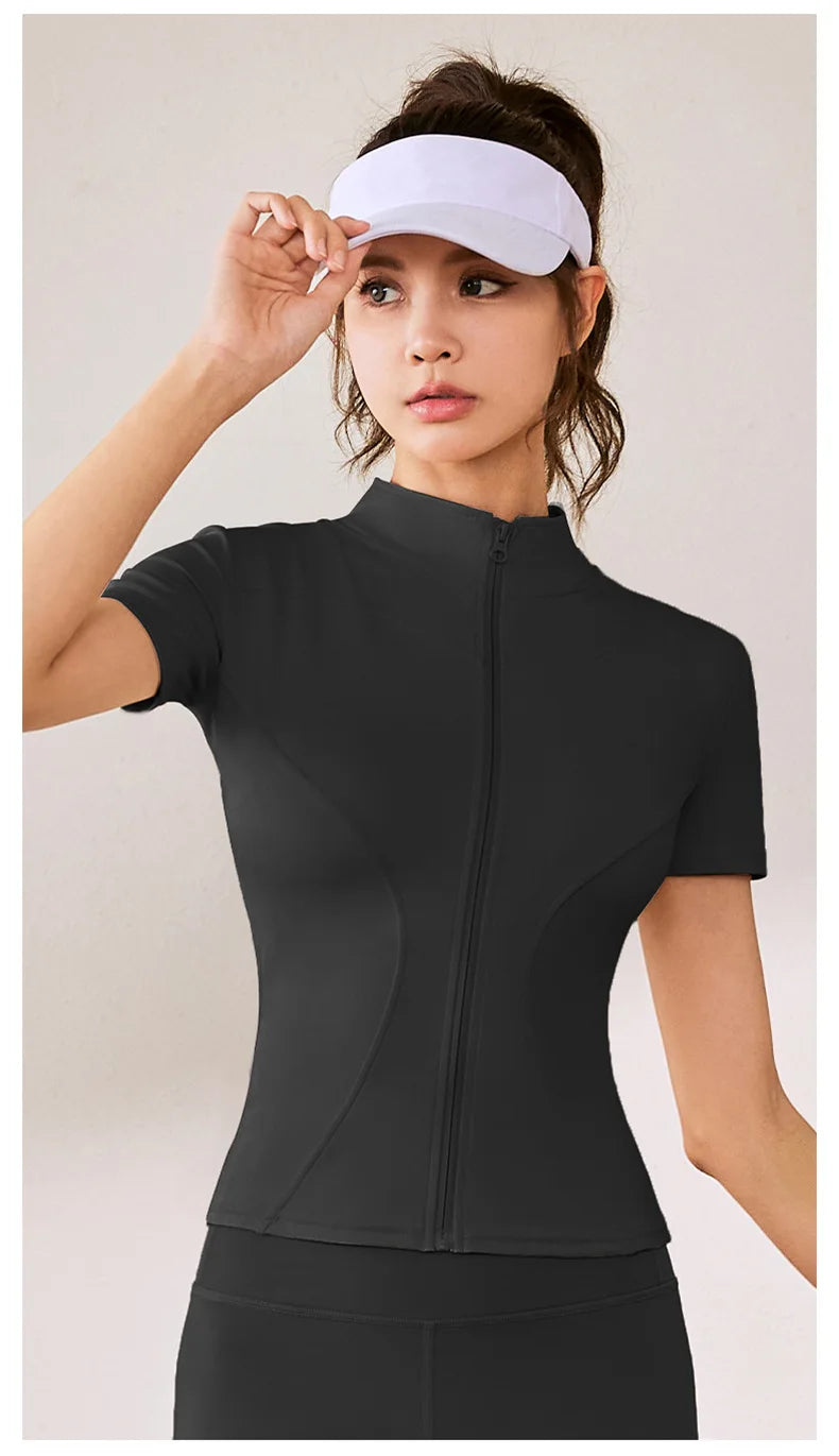 Summer High Quality Waist Slimming Training Tops Women's Quick-drying Tight Stand Collar Full Zipper Short Sleeves Yoga shirts