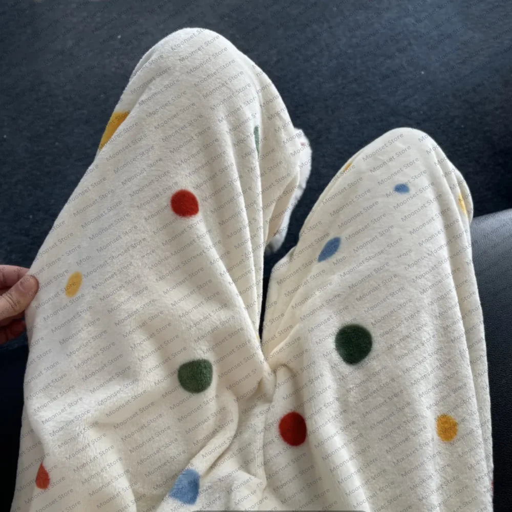 Pajama pants cute flannel trousers for autumn and winter warm fashionable loose casual cartoon and home women's trousers