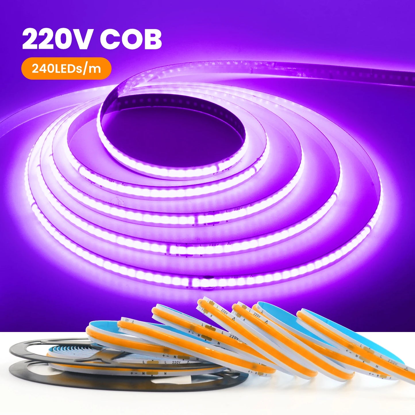 AC 220V COB Strip 240Leds/M 5M 10M 20M 50M/Roll Red/Green/Ice Blue/Pink/White/Purple Flexible Ribbon LED Light For Home Decor