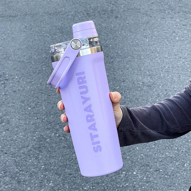 1pc 800ml magnetic lid insulated water bottle, minimalist letter print handle water cup, office and outdoor insulated cup