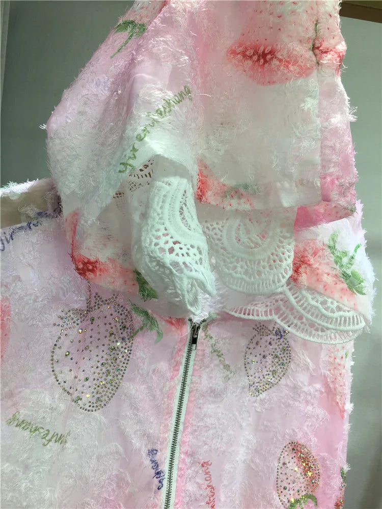 Women Hot Drilling Diamonds Beaded Sunscreen Hoodies Shirts Coat Strawberry Butterfly Lace Spliced Blouses Zipper Cardigan Tops