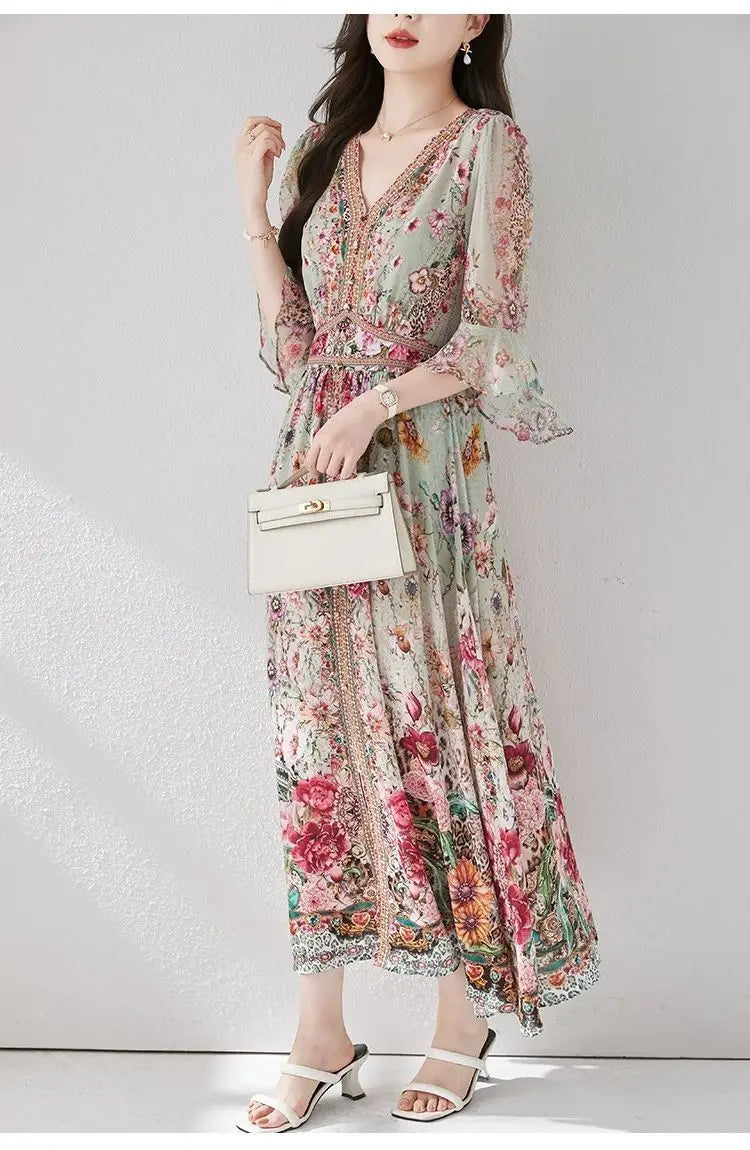 Green Silk Dress for Women in the Summer of 2026 Luxurious High-end Exquisite and Elegant Temperament Mulberry Silk Vacation WLF