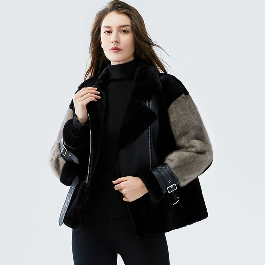 Sheepskin Coat For Women Winter Merino Fur Real Sheep Fur Jacket With Real Mink Fur Sleeve Motorcyle Female Winter Clothings