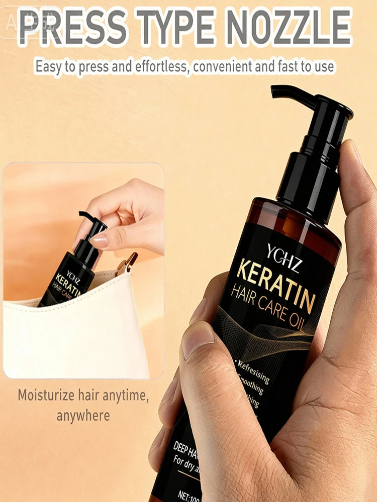 Keratin Hair Oil, Nourishes and Protects Hair, Effectively Moisturizes and Cares for It, Instantly Makes Hair Shiny and Smooth, with a Charming Fragrance, Suitable for All Dry and Frizzy Hair Types