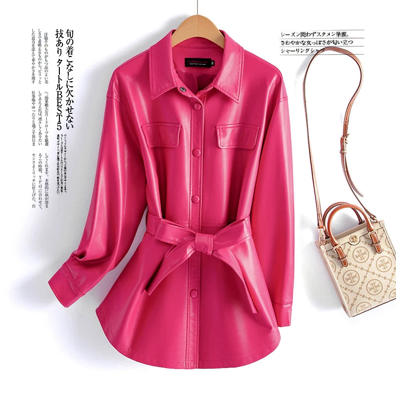 Sheepskin Leather Jacket Women Fashion Irregular Turn-down Collar Lace-up Belt Chic Office Ladies Real Split Leather Jacket Coat
