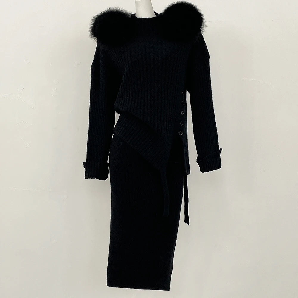 Sweater Set Warm suit Women Winter Knitted Suits two Piece Set Natural fox fur collar Sweater + Loose Trousers Office Lady Suit