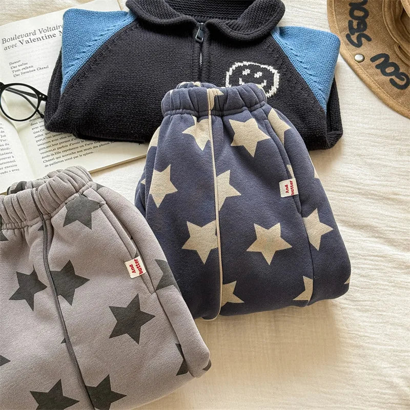 2025 Winter New Children Plus Velvet Thick Casual Pants Fashion Print Boys Fleece Sweat Pants Girls Warm Trousers Kids Clothes