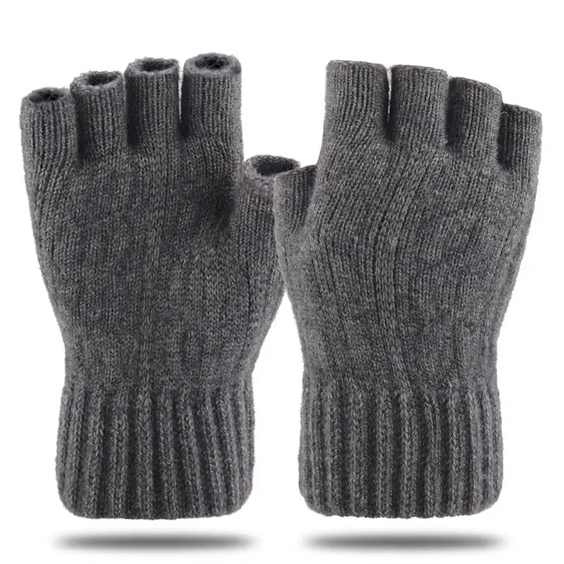 Winter Gloves For Men Half Finger Writting Office Cycling Knitted Gloves Students Alpaca Wool Warm Thick Elastic Driving Gloves