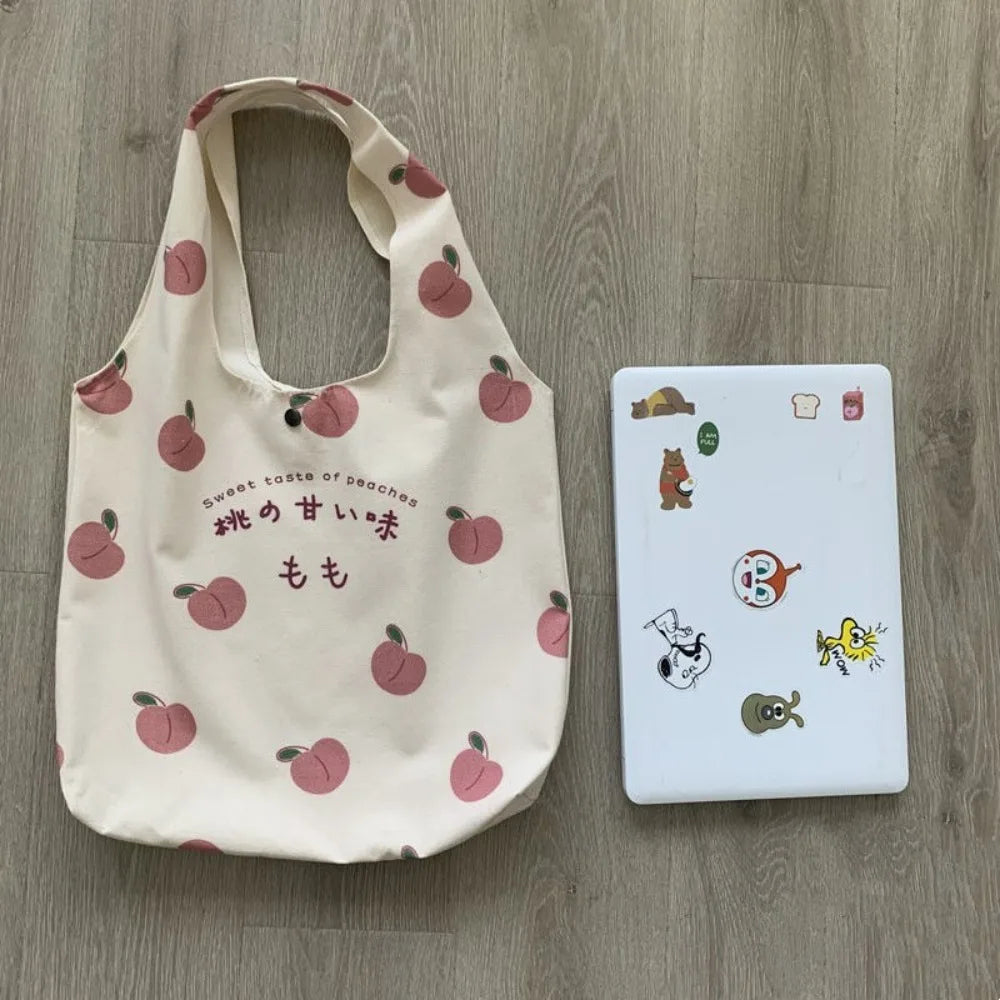 Cute Strawberry Tote Bag Aesthetic for School Girls Purses Shopper Designer Handbag Women Peach Print Eco Shoulder Bags