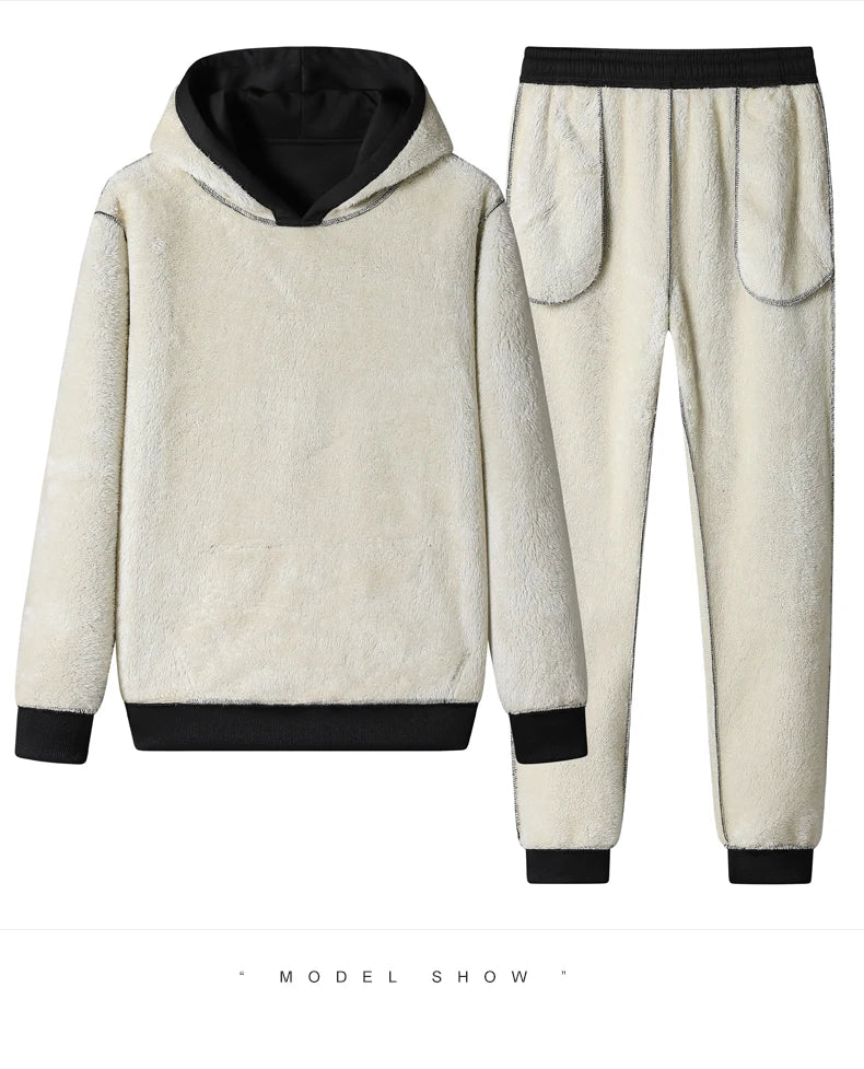 Winter Lambswool Men's Sets Thickened Fleece Sweatshirt Suit Men's Two-piece Hooded Tracksuit Men Sweatshirts Eu Sizes XS-2XL