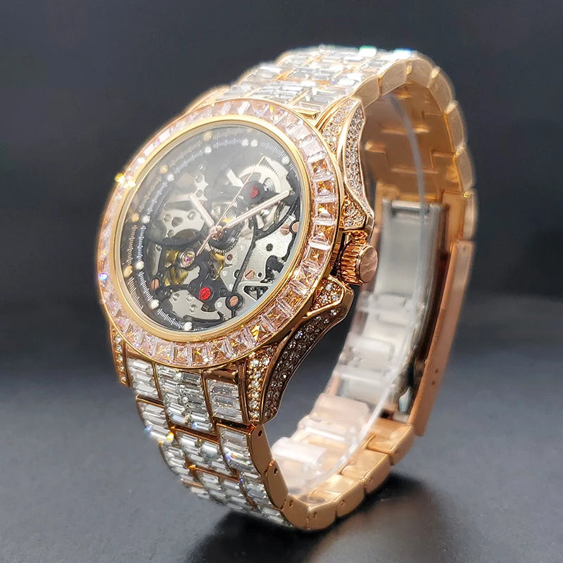 Automatic Watch For Men Diamond Luxury Hip Hop Street Style Luminous Men Mechaincal Watches With Baguette Zircon Bracelet Clock