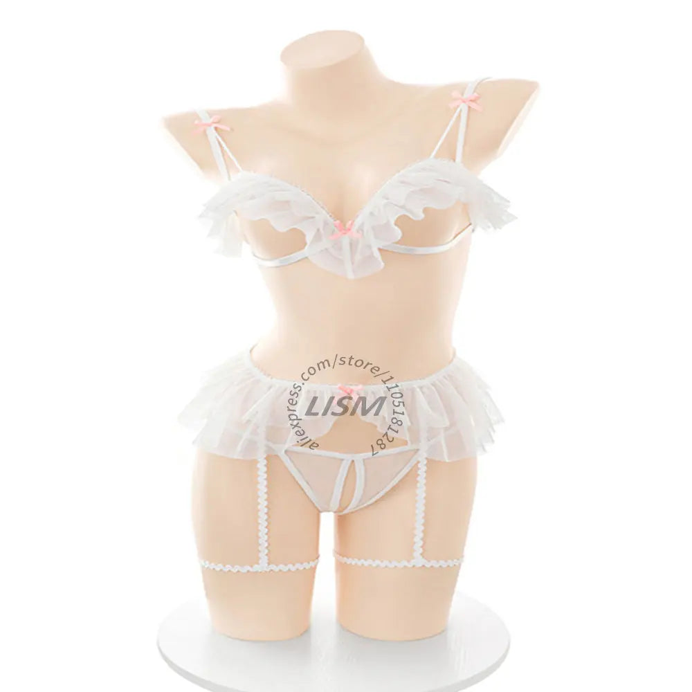 LISM Women's Cute Ruffle Lingerie Set White Sheer Triangle Bra Thong Garter Belt Set for Intimate Wear Cosplay