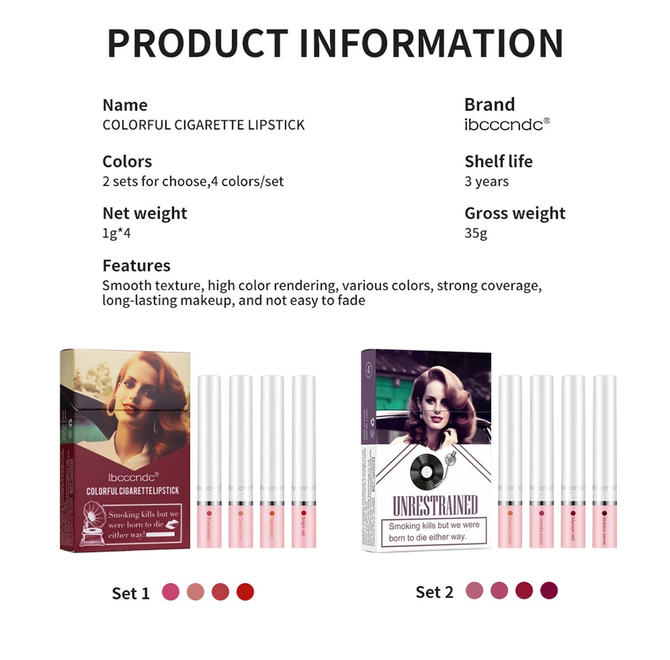 4PCS/Set Matte Long Lasting Waterproof Creative Cigarette Lipstick Set Matt Lip Stick Tube Nude Red Velvet Lip Tint Makeup