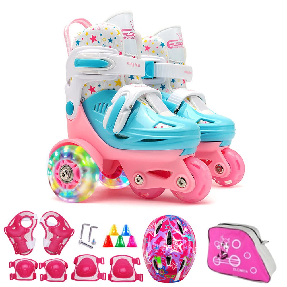 Flash Skating Shoes Kids Beginner Roller Skating Shoes Set Children Skates with Kneepad Elbow Pads Helmet Barrier Backpack Rolle