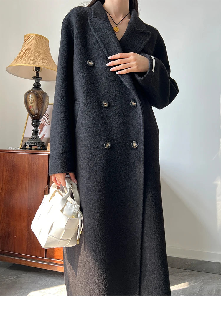 Office Lady Woolen Jackets 2024 Autumn And Winter Suit Collar Double Breasted Warmer Yak Hair Loose Long Women's Wool Coats