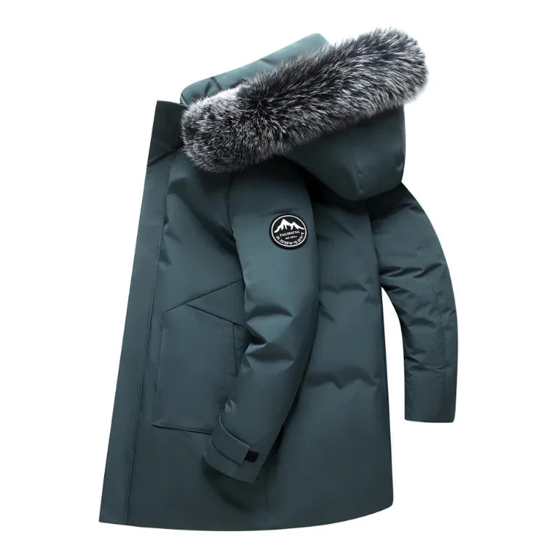 Winter New Men's Mid to Long Down Jacket with Hood Big Fur Collar Thick Warm Coat Winter White Duck Down Windproof Parka Korean