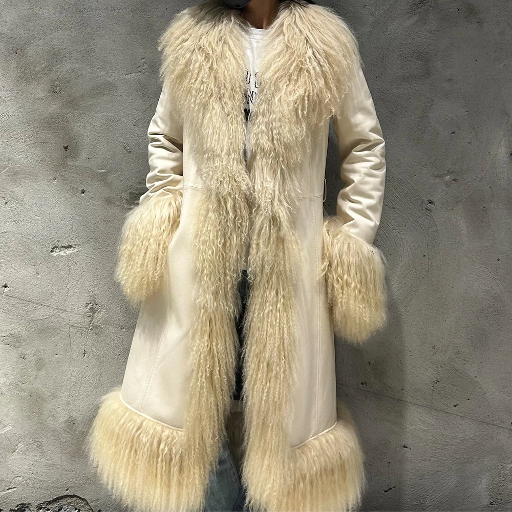 Winter Suede Long Fur Coat Mongolia Long Sheep Fur Collar New Arrival Camel Fur Jacket