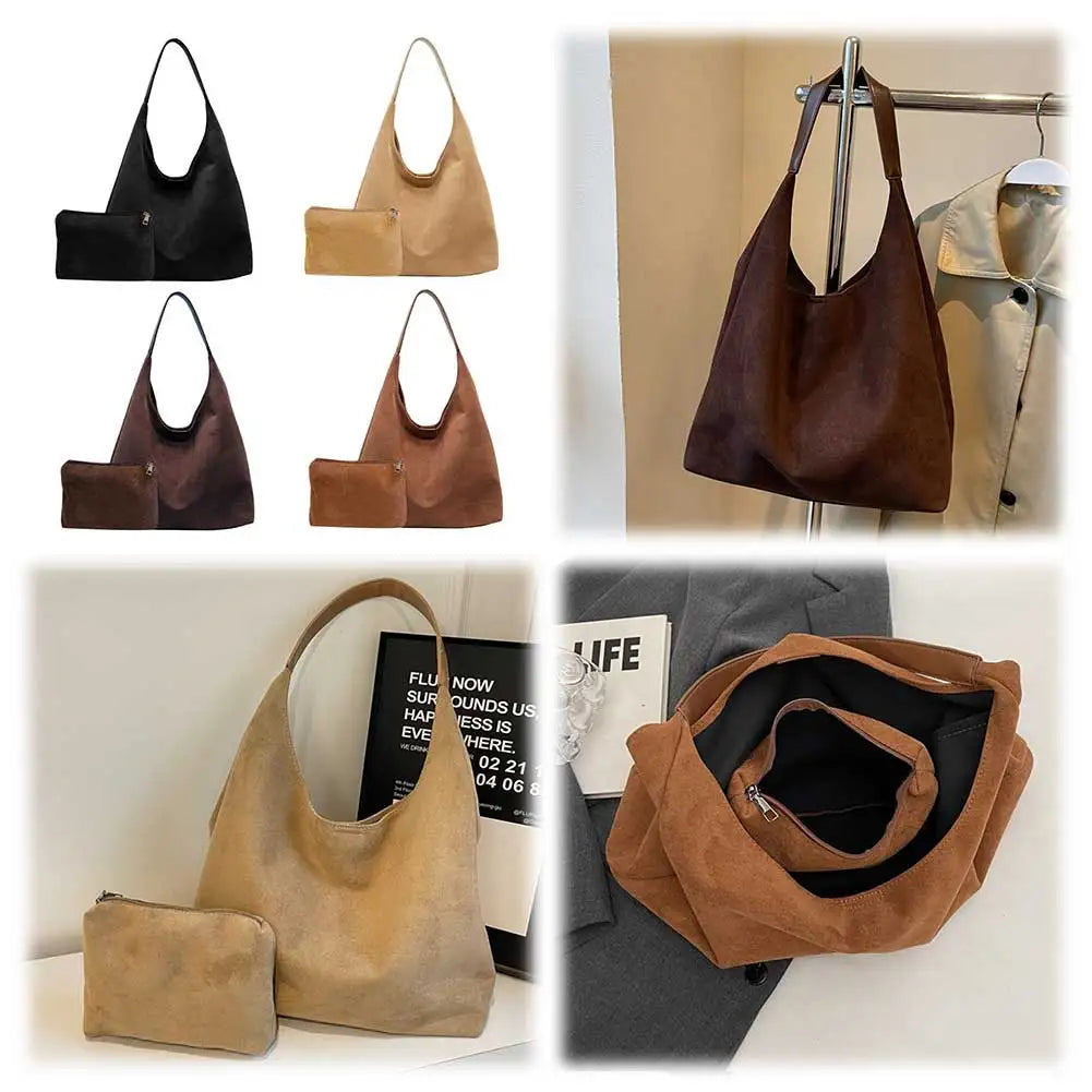 Women Suede Shoulder Bag Large Capacity Tote Bag Trendy Retro Handbag with Pocket for Work Travel Shopping