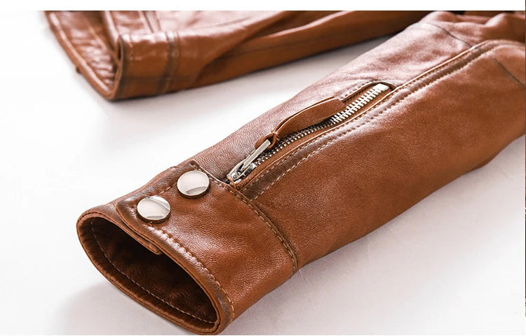 Autumn Clothes Women Genuine Sheepskin Short Locomotive Jaqueta Feminina Stand Collar Slim Vintage Versatile Brown Leather Coat