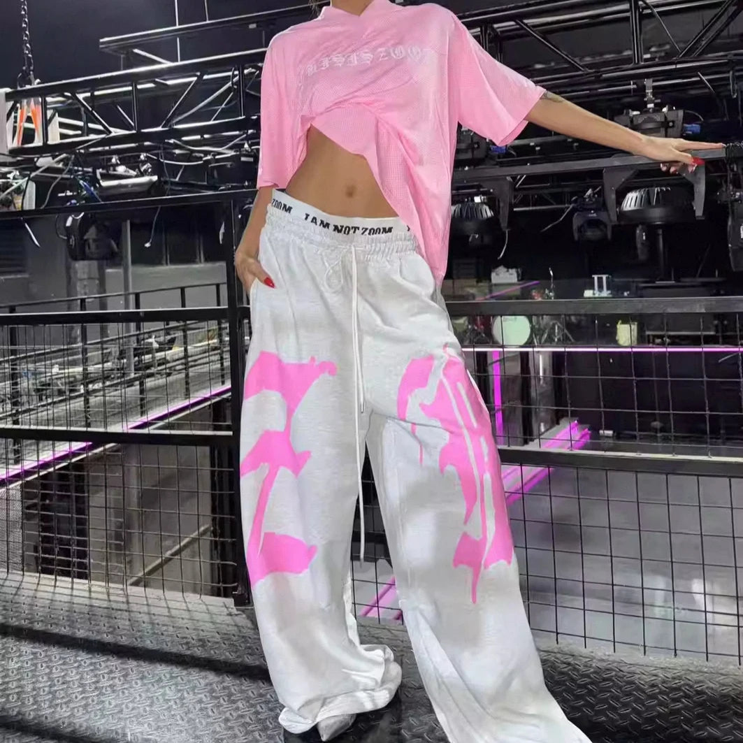American Hiphop Street Dance Letter Print Loose Sports Pants Double Waist for Women Casual Wide Leg Pants Comfortable Fit