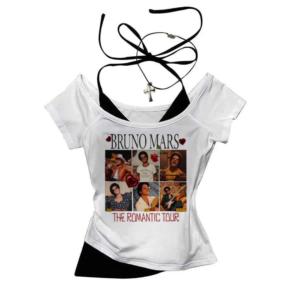 2026 Shirt  Bruno Mars The Romantic Tour Women Fake Two-piece O-Neck Short Sleeves Crop Tops T-shirt