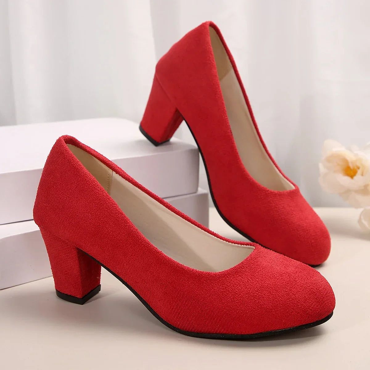 Autumn Single Shoes Women's Fashion New Round Toe Shallow Suede Cover Foot Non-slip Wear-resistant High Heels