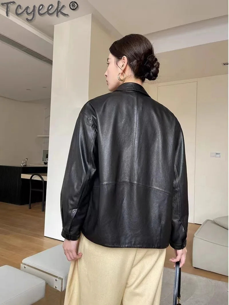 Tcyeek Genuine Leather Jacket Women Autumn Real Sheepskin Coats Black Leather Coat Womens Clothing Loose Fit Jaqueta De Couro