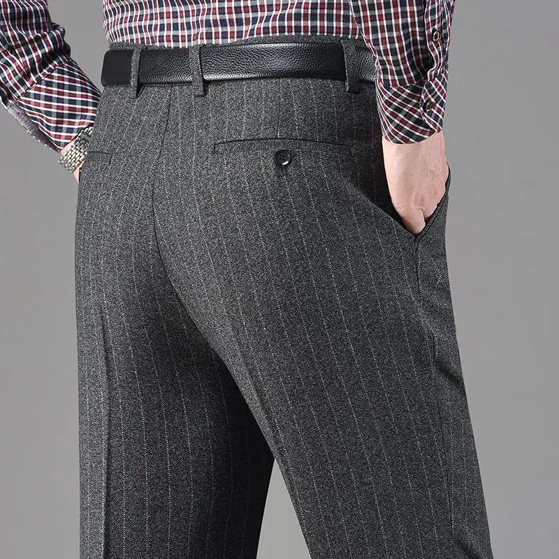 Vintage Autumn Winter Thicken Wool Fleece Suit Pants Men Middle Age High Waist Straight Loose Business Casual Straight Trousers