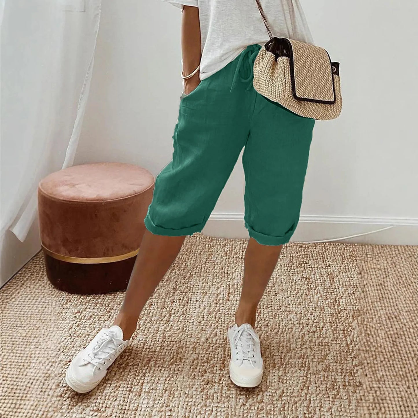 Spring Summer Women's Cotton Linen Trousers Pants Solid Elastic Waist Oversized Pants Women Straight White Homewear Trousers 3XL