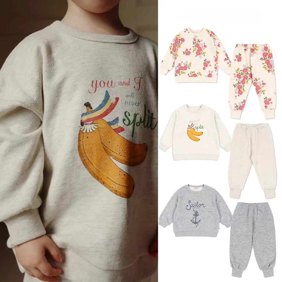 1-9Y KS Spring Baby Boys Cotton Sweatshirts Pants Suits Kids Clothes Girls Casual Banana Floral Printed Hoodies Coats Pants Sets