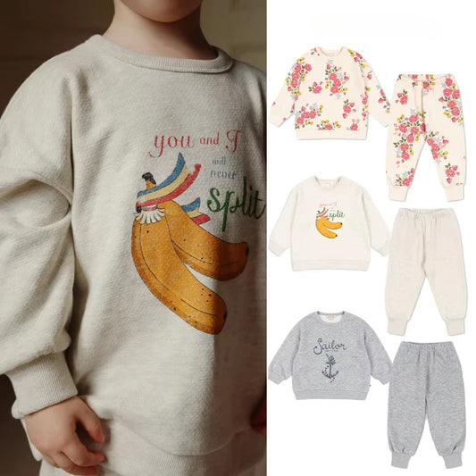 1-9Y KS Spring Baby Boys Cotton Sweatshirts Pants Suits Kids Clothes Girls Casual Banana Floral Printed Hoodies Coats Pants Sets