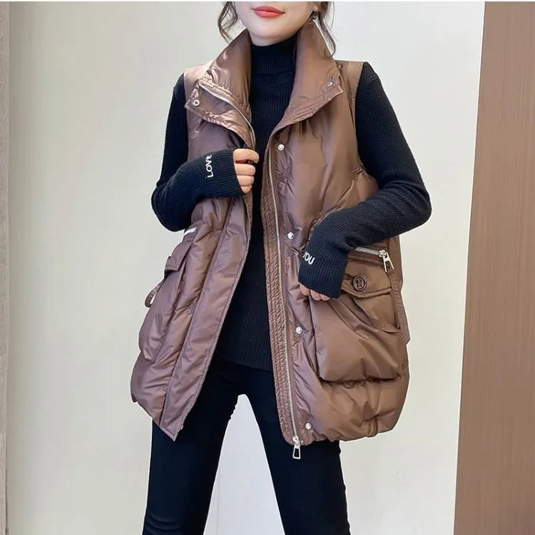 Winter Jackets Vests for Women 2025 Chalecos Para Mujer Plus Size Fashion Casual Korean Style Padded Parkas Pockets Long Coats